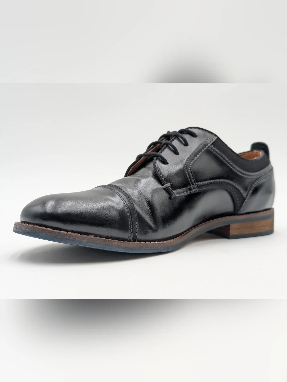 Dockers Men Sz 9.5 Black High-Quality Cap-Toe Oxfords Brown Trim Cushion Footbed